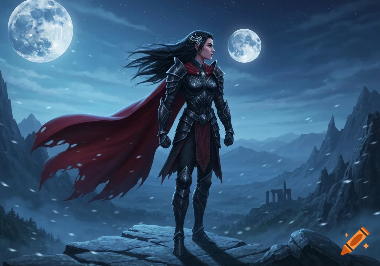 A female warrior in dark armor and a red cape stands on a rocky outcrop ...