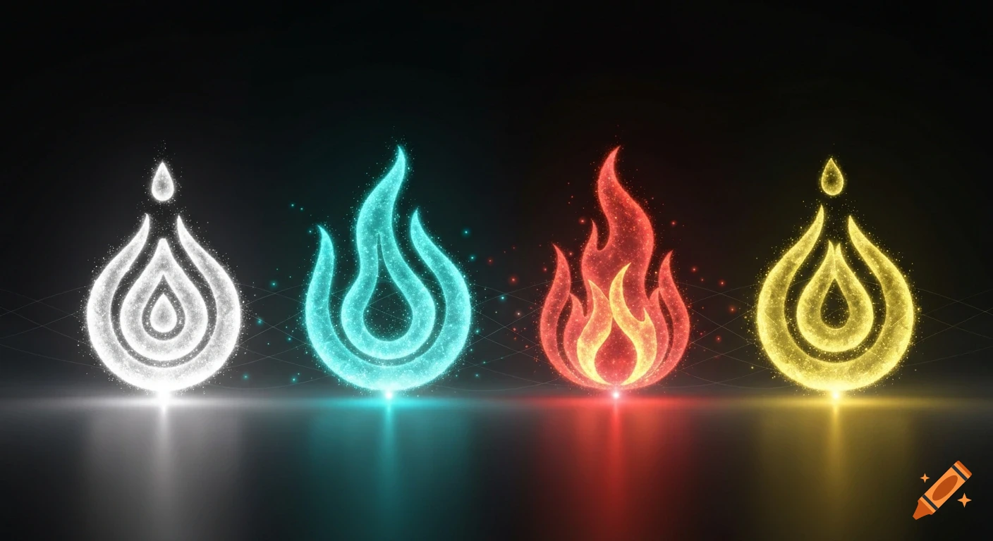 Four glowing, stylized elemental symbols in white, cyan, red, and yellow on a dark reflective surface.