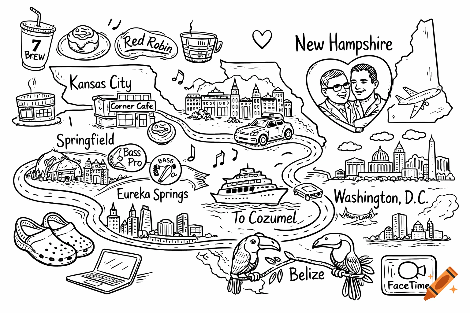 A whimsical black-and-white doodle map illustrating various U.S. states and international destinations, with roads connecting icons like