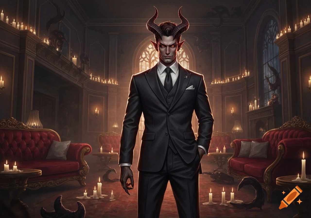 A handsome demon with red eyes and horns, wearing a black suit, stands in a dark, candlelit room with red velvet furniture and gothic windows.