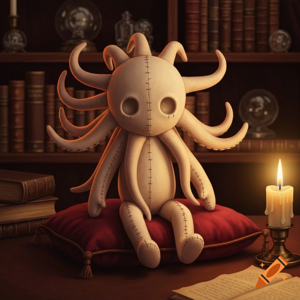 A beige cloth doll resembling a fantastical creature with tentacles and button eyes sits on a red pillow on a wooden desk with books and a lit candle.