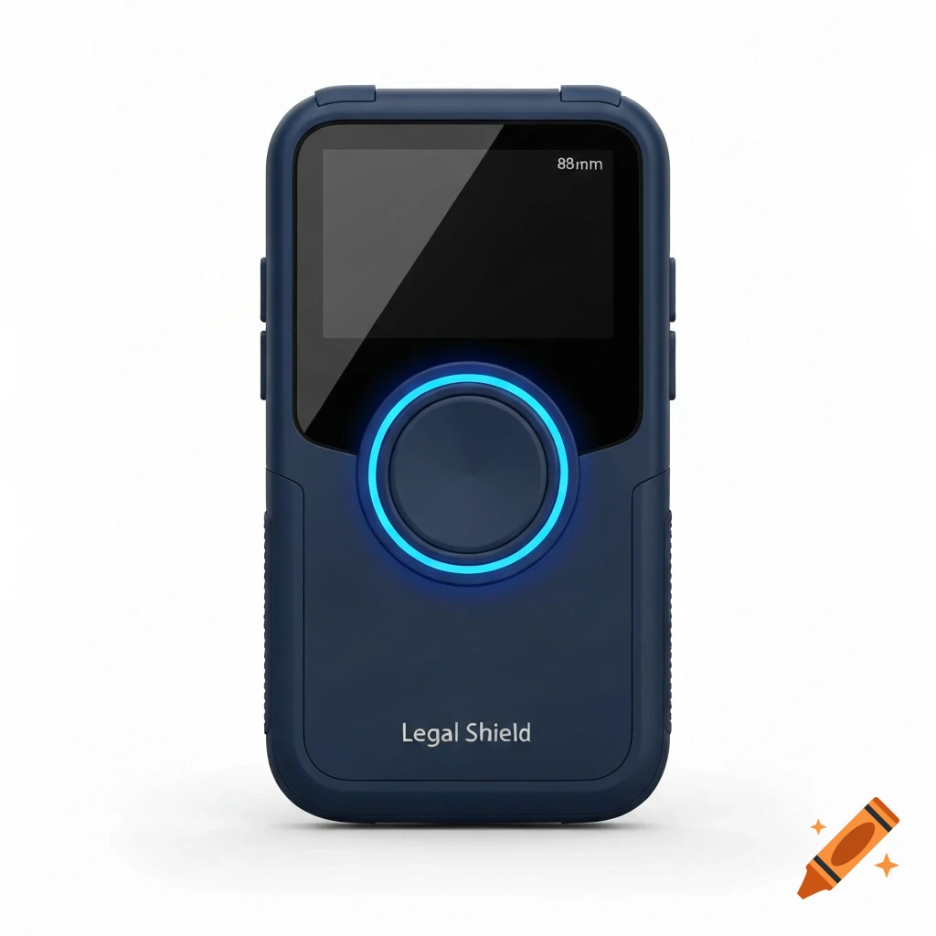 A dark blue compact rectangular electronic device with a black screen, a glowing blue circular button, and 'Legal Shield' text.