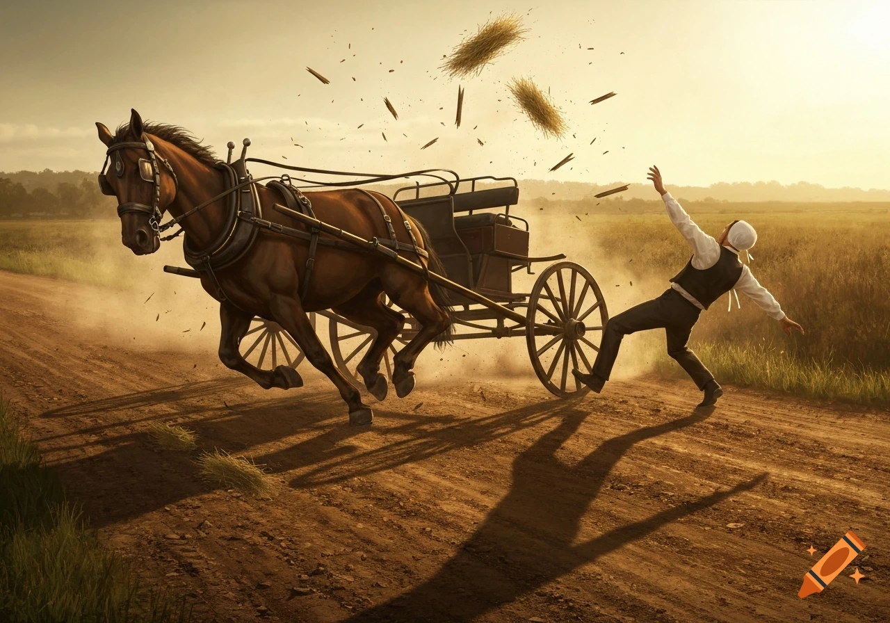 A brown horse in a harness pulls a buggy, raising dust on a dirt road, as a person falls backward beside it. Golden-hour light.
