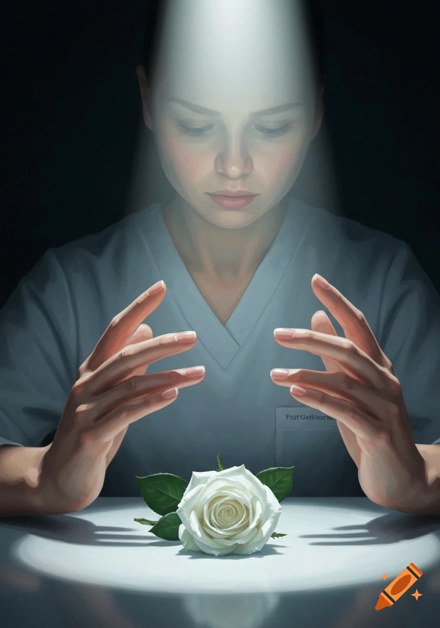 A woman in medical scrubs looks down at a white rose, her hands hovering above it, under a spotlight in a dark room.