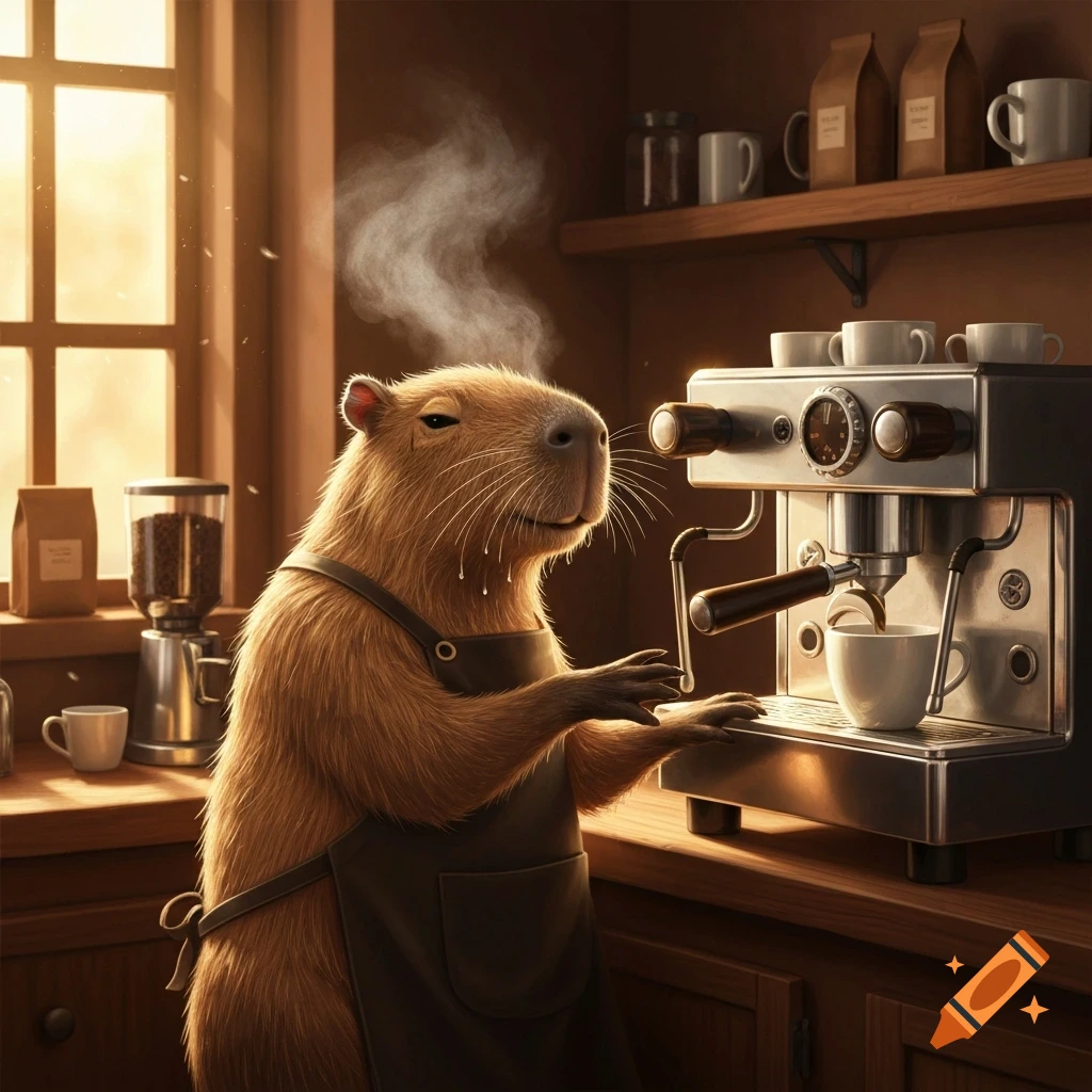 A photorealistic capybara in an apron operates a cappuccino machine in a rustic cafe, steam rising from the cup.