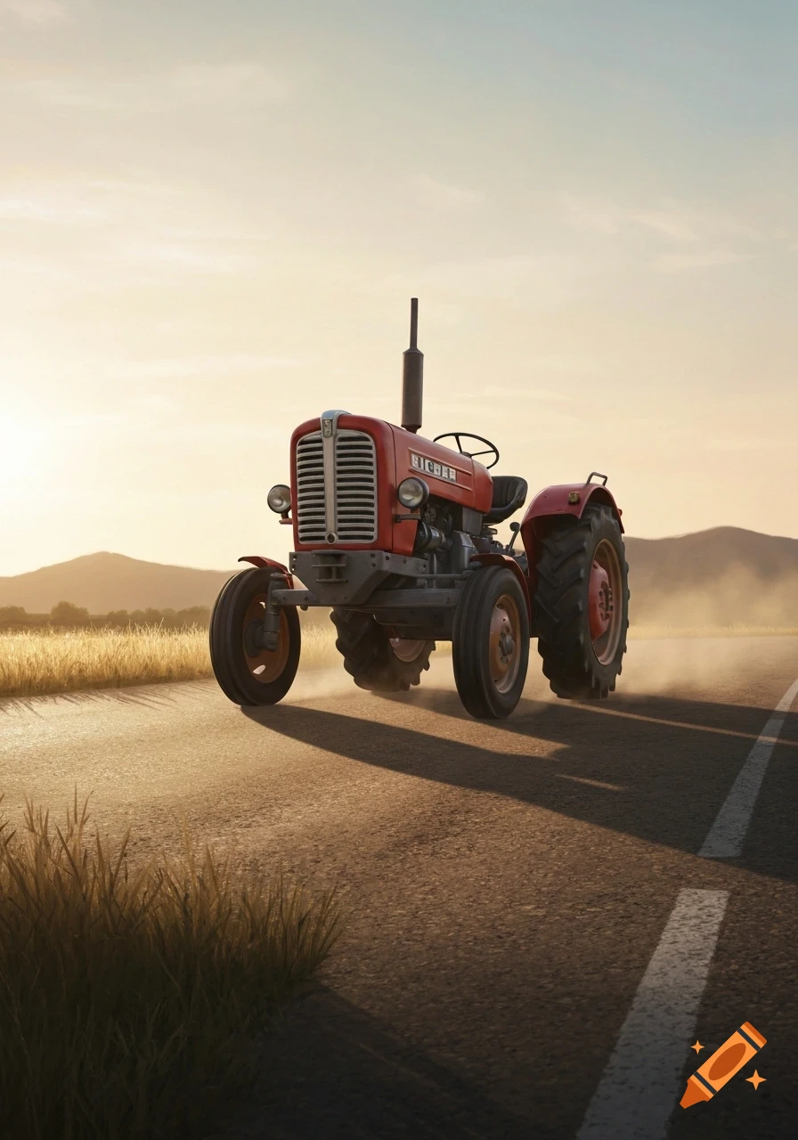 A red vintage Eicher tractor on a rural road at sunset, with golden fields and distant mountains. Photorealistic.