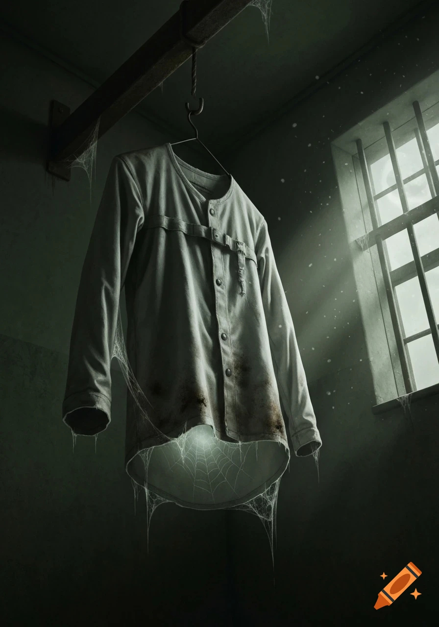 A dirty straight jacket hangs on a hook in a dark, cobwebbed room with a barred window, illuminated by light.