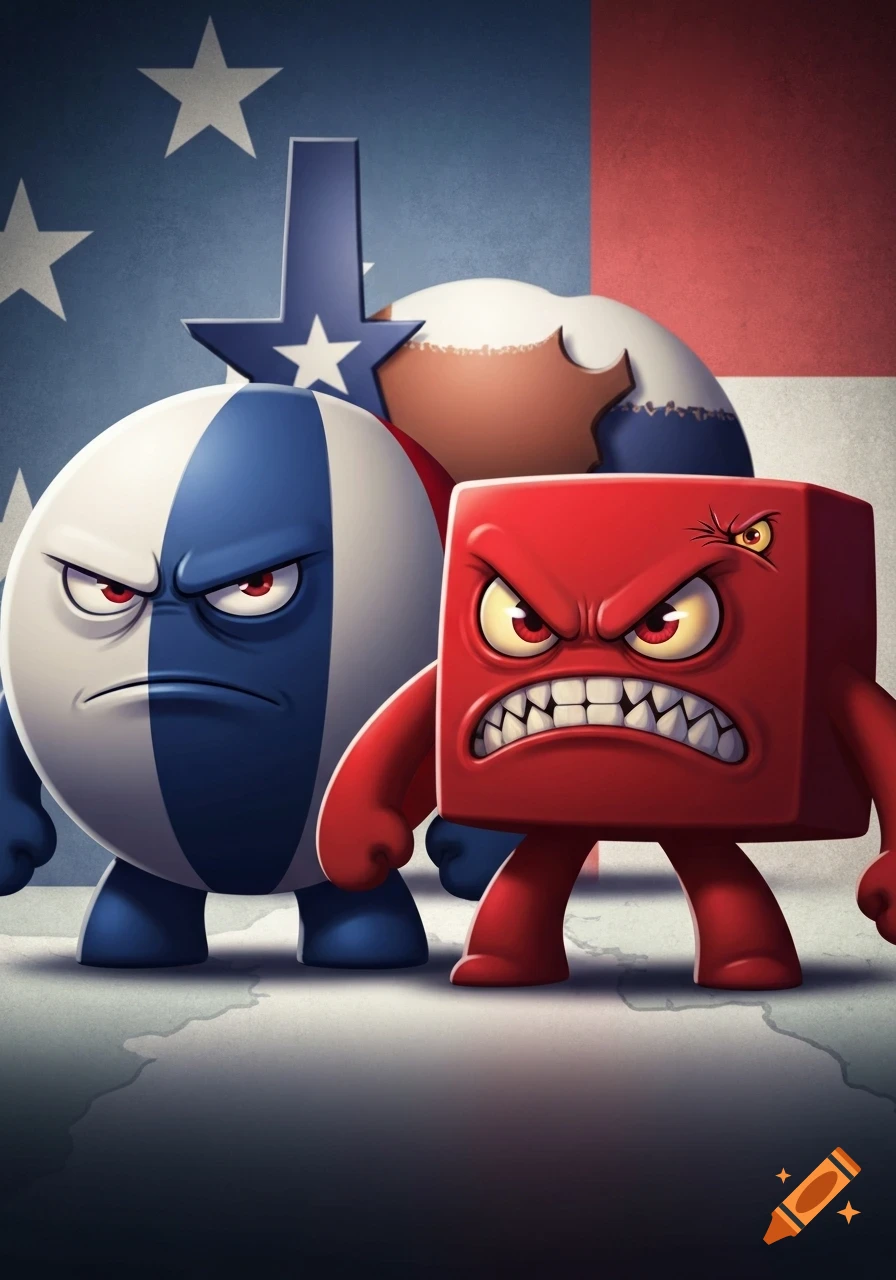 An angry blue and white striped Countryball and a red angry cube character stand in front of US and Texas flag patterns in a cartoon style.