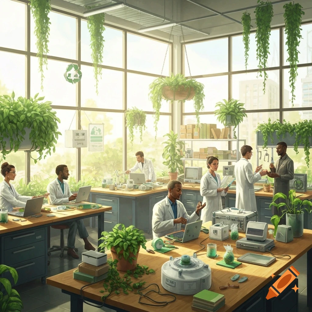 Diverse scientists work in a bright, plant-filled lab focused on sustainability and ecology.