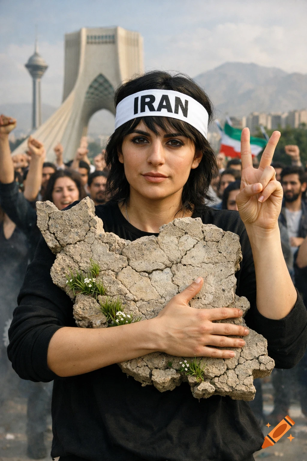 Woman with "IRAN" headband holds a cracked map of Iran, making a peace sign, with Azadi Tower and protestors behind her.