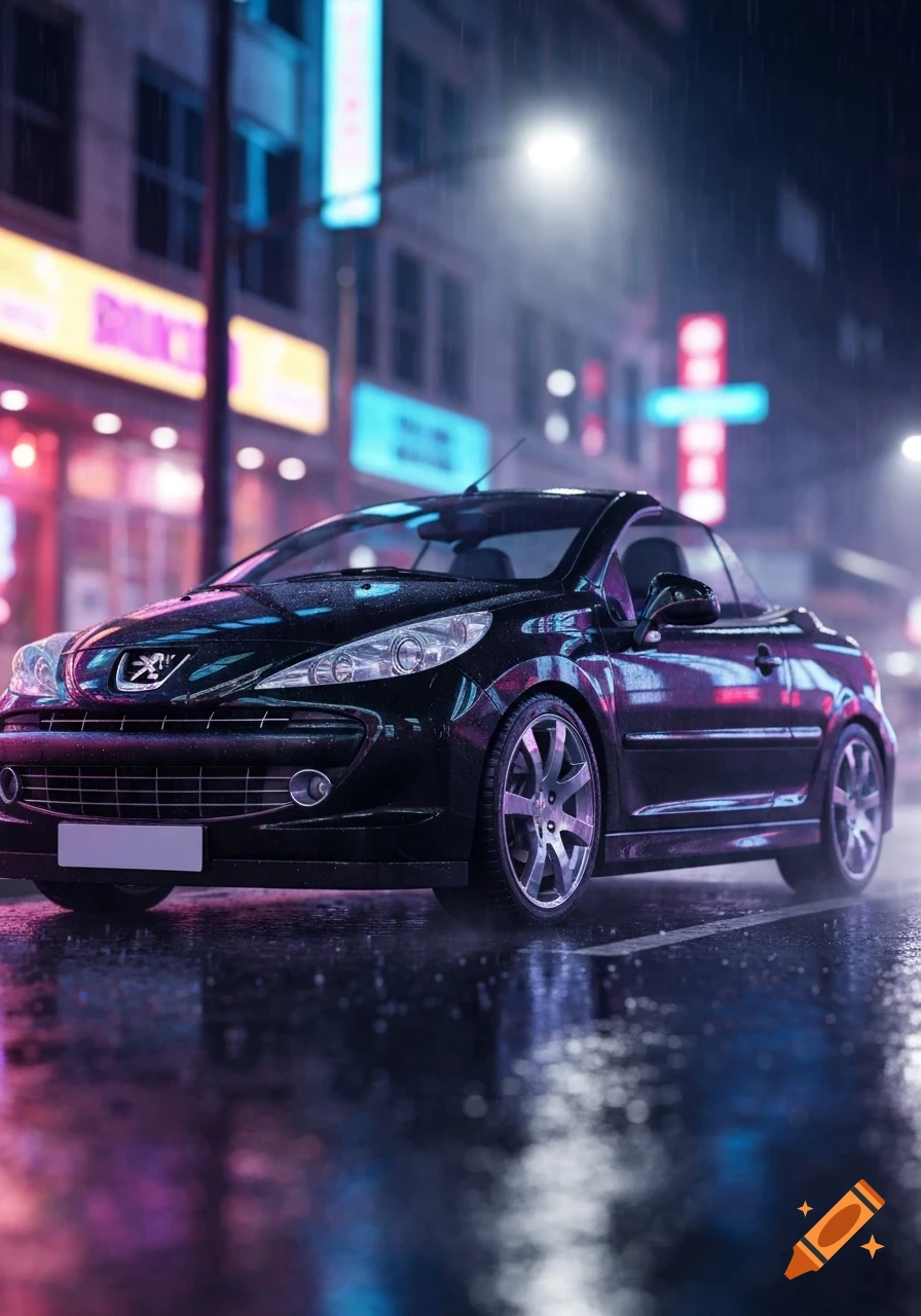 Black Peugeot 207 convertible on a rainy city street at night, illuminated by neon signs and streetlights, with reflections.