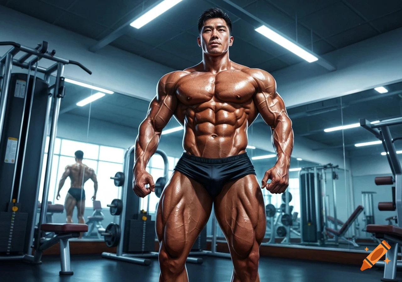 A heavily muscled male bodybuilder in black shorts poses front and center in a modern gym, with another bodybuilder visible in the mirror behind him.