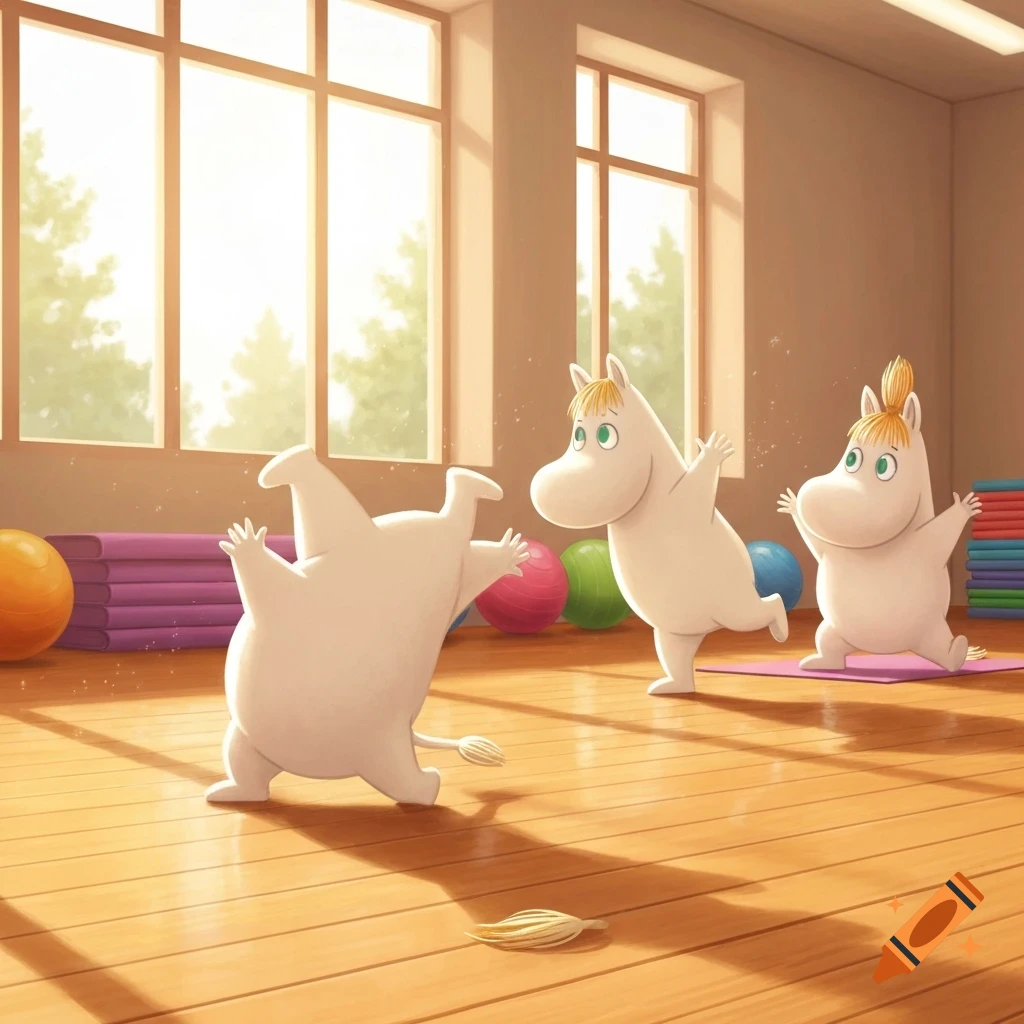 Three Moomins exercising in a bright gym with yoga mats and exercise balls.