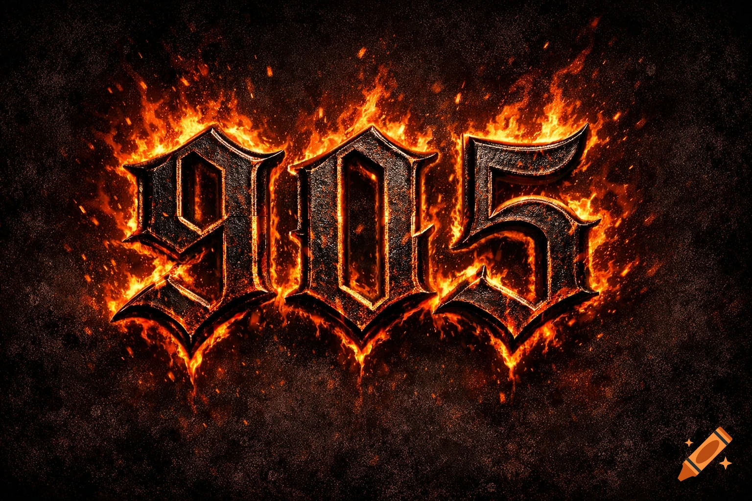 The numbers 905 in a dark, old English gothic font, engulfed in bright orange and red flames against a textured black background.