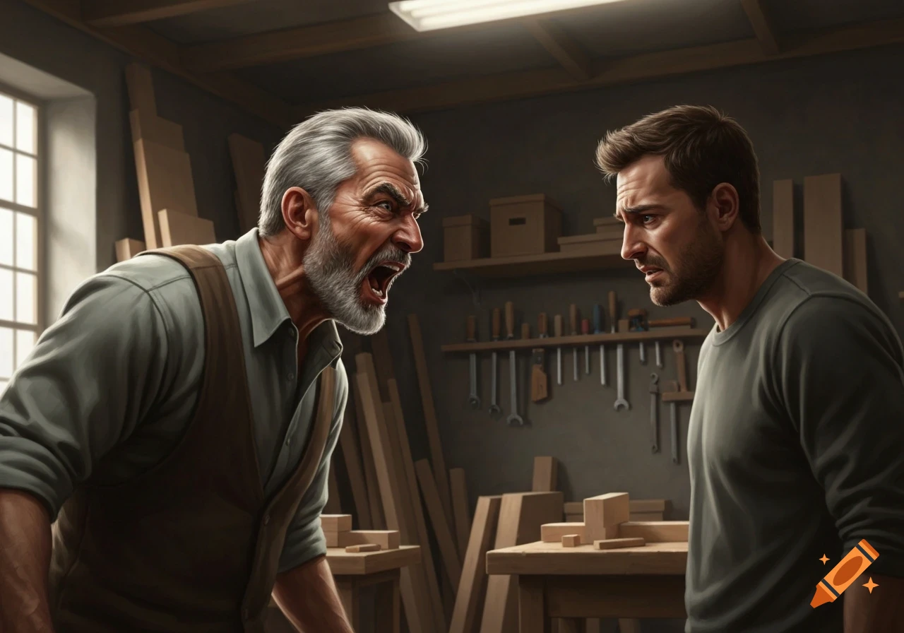 An angry older man with a grey beard yells at a younger man looking distressed in a workshop.