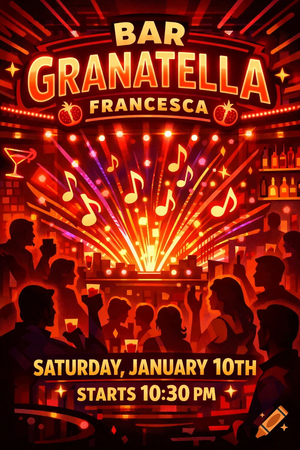 Vibrant event flyer for 'Bar Granatella Francesca' on Saturday, January 10th at 10:30 PM, with silhouettes of people enjoying live music.