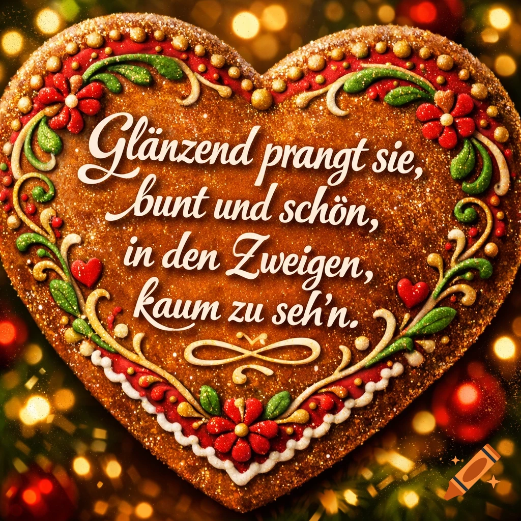 Heart-shaped gingerbread cookie with red, green, white icing, glitter, and German text, against blurred Christmas lights.
