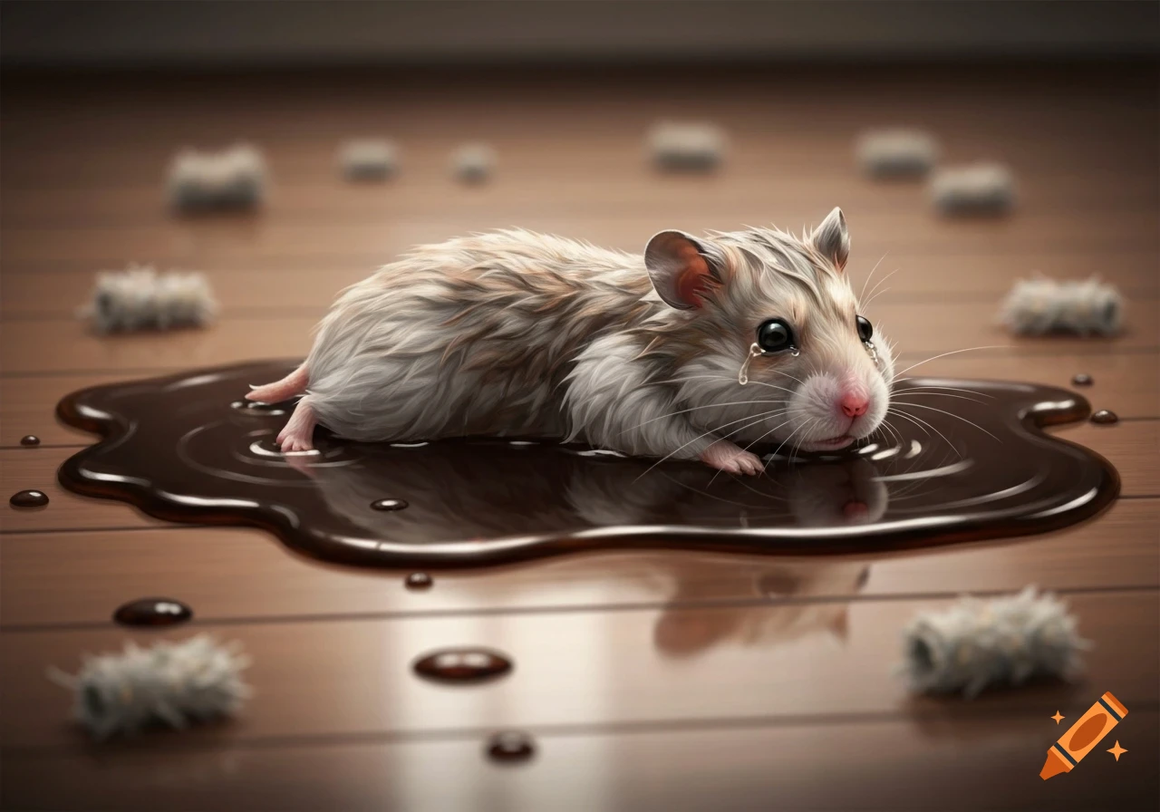 A crying hamster lies in a puddle of dark brown liquid on a wooden floor, depicted in a photorealistic style.