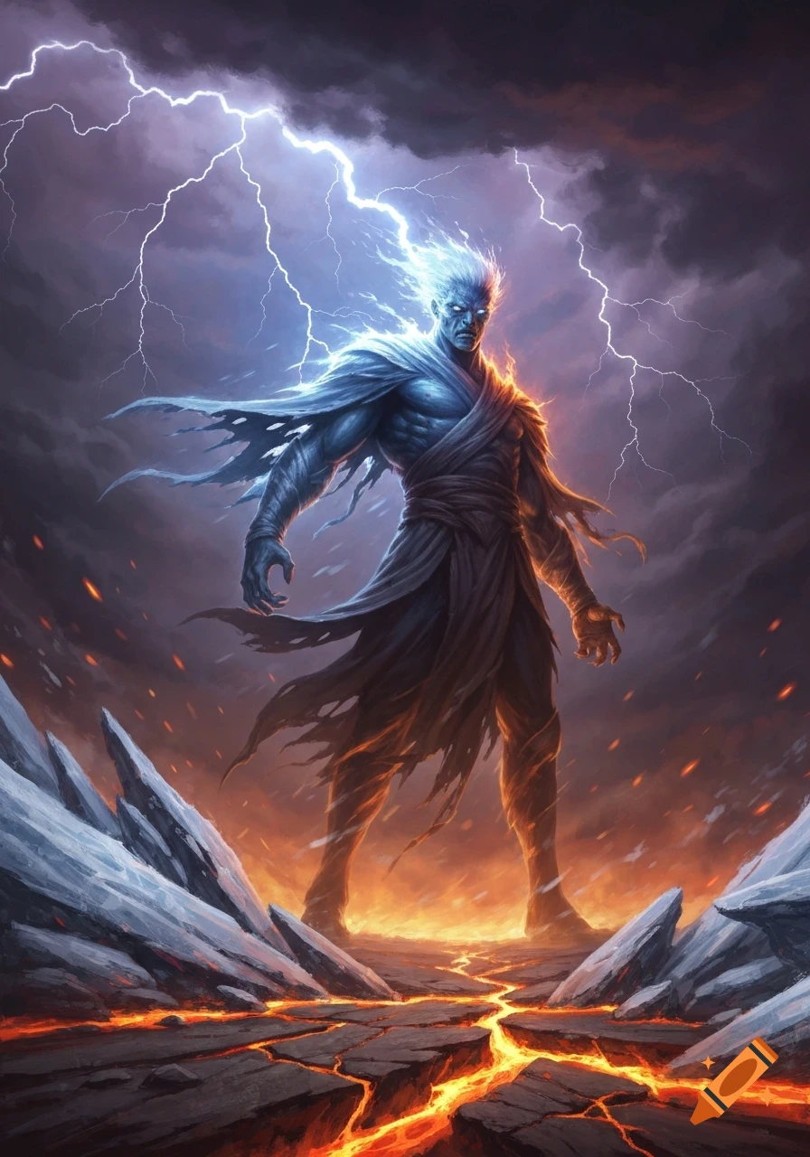 A powerful elemental being, half ice and half fire, stands under a stormy sky with lightning, amidst cracking ground with lava and ice shards.