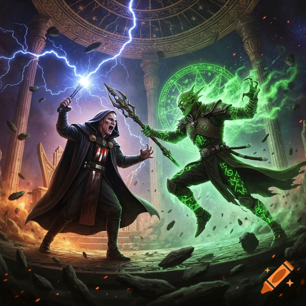 Two mages, one summoning lightning and the other green energy, battle in a ruined temple with floating debris.