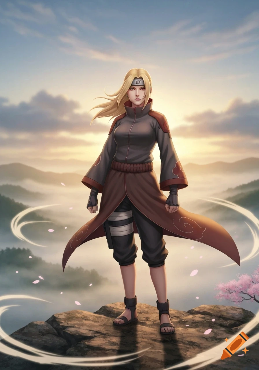 Blonde anime woman in black and brown ninja attire stands on a mountain peak at sunrise, with floating pink petals.