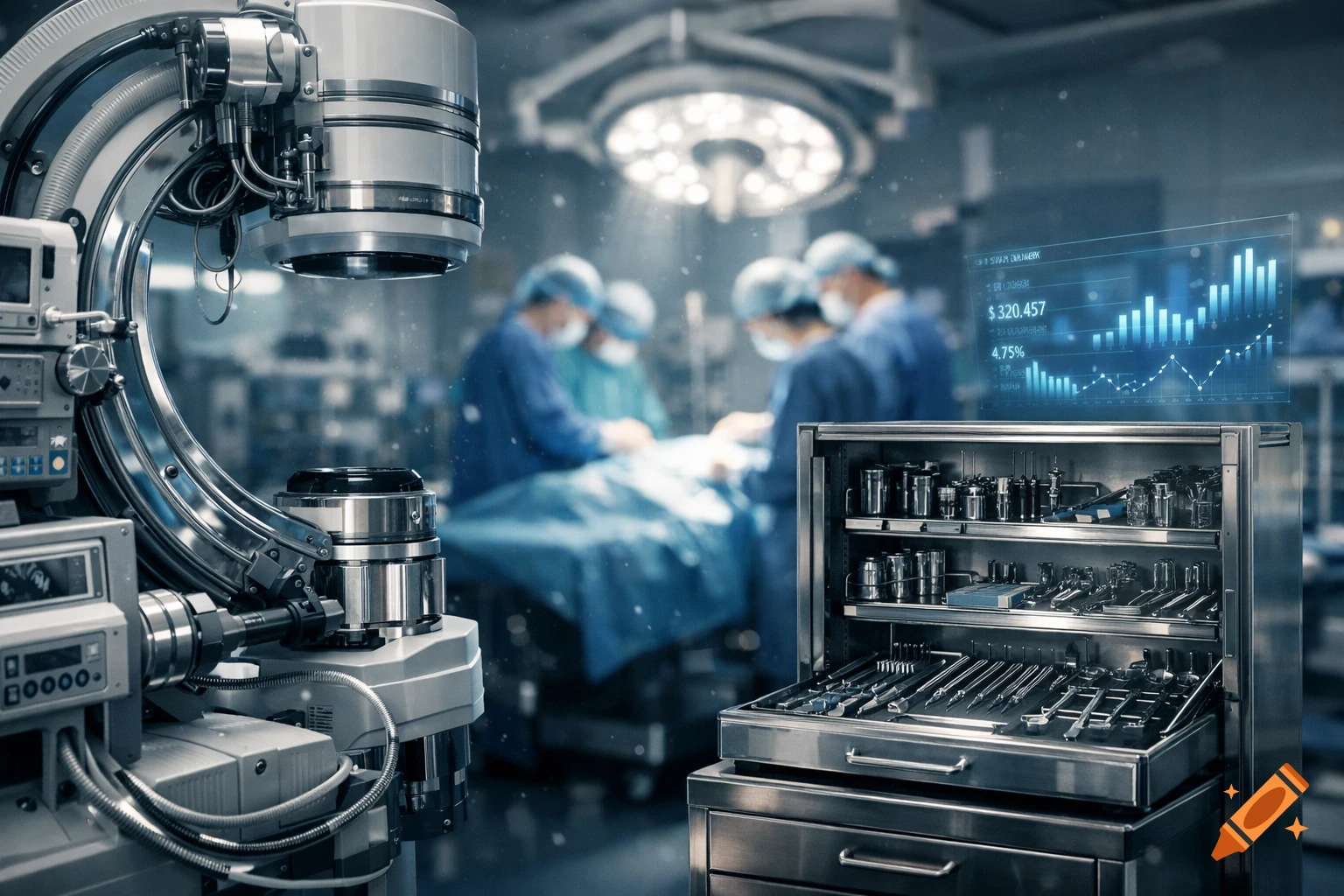 Modern operating room with advanced medical equipment, surgical tools, and blurred surgeons, featuring a holographic display with financial data.