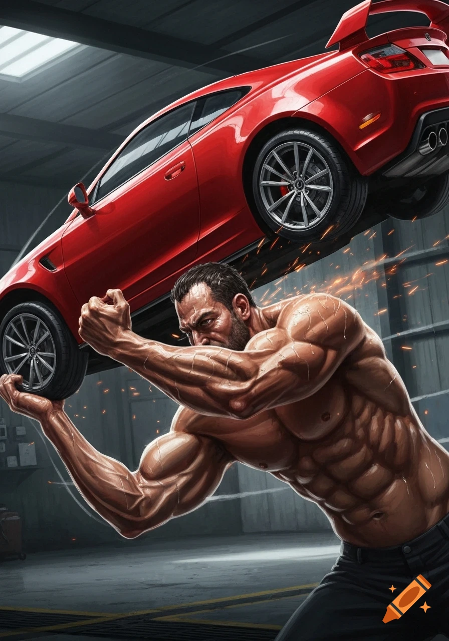 A very muscular, shirtless man lifts a red sports car overhead in a garage, depicted in a highly detailed illustration.