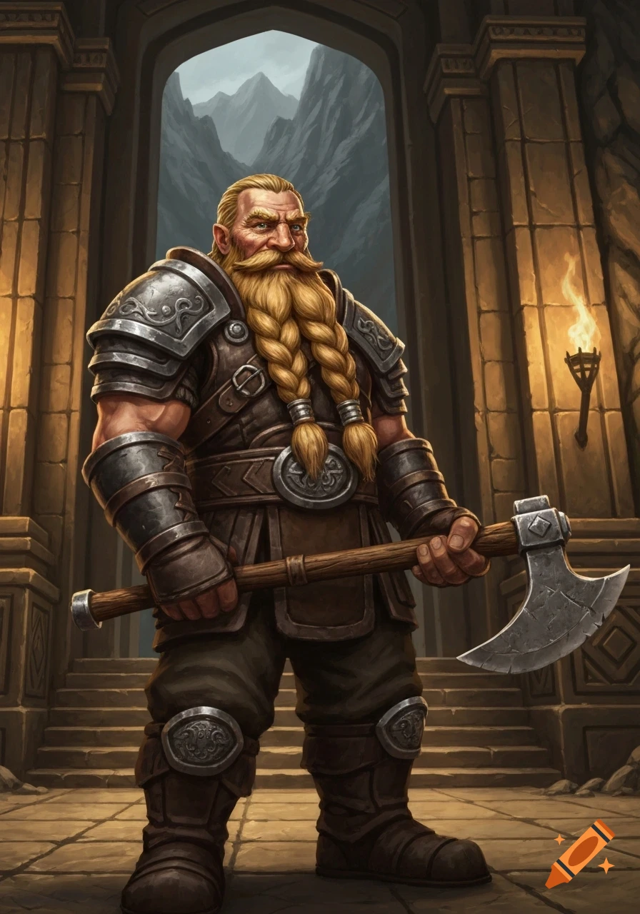 A muscular blonde dwarf in armor holds a battle axe inside a stone archway leading to mountains.