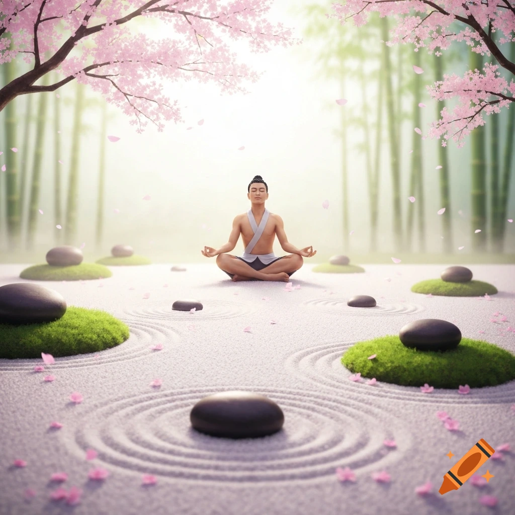 A person meditates in a peaceful zen garden with raked sand, smooth stones, and mossy mounds, surrounded by pink cherry blossoms and bamboo trees.