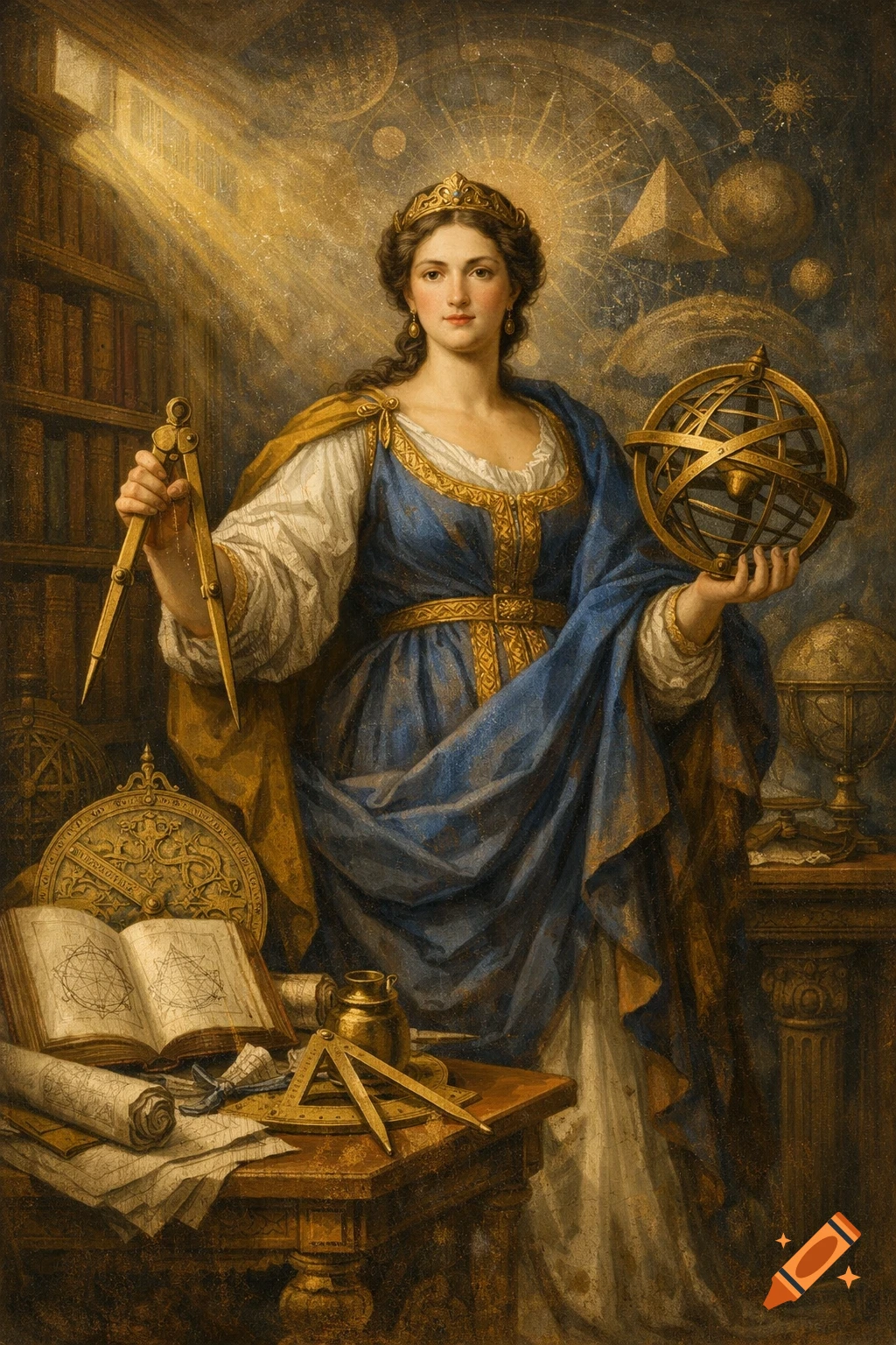 A classical painting of a woman in a crown and blue robe holding a compass and an armillary sphere, surrounded by scientific instruments.