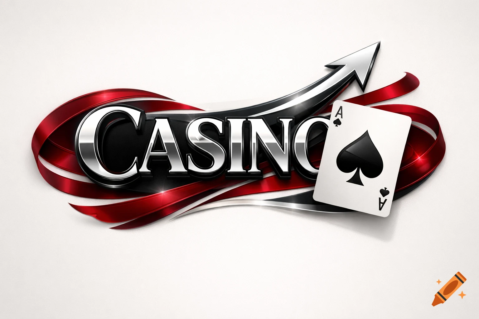 Glossy silver 'CASINO' logo with red ribbons, an upward arrow, and an ace of spades playing card on a white background.