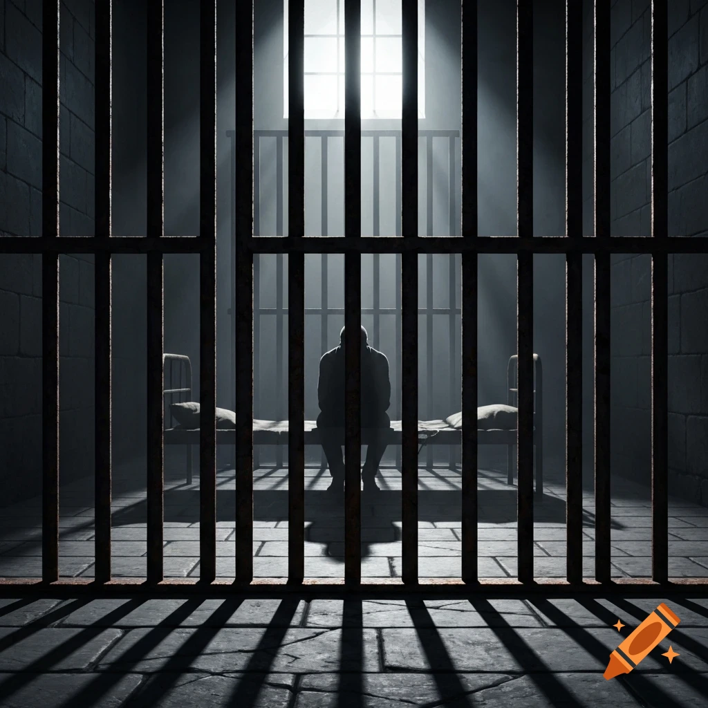 A solitary figure sits on a bunk bed in a dimly lit prison cell, viewed through dark metal bars, with light streaming from a high window.