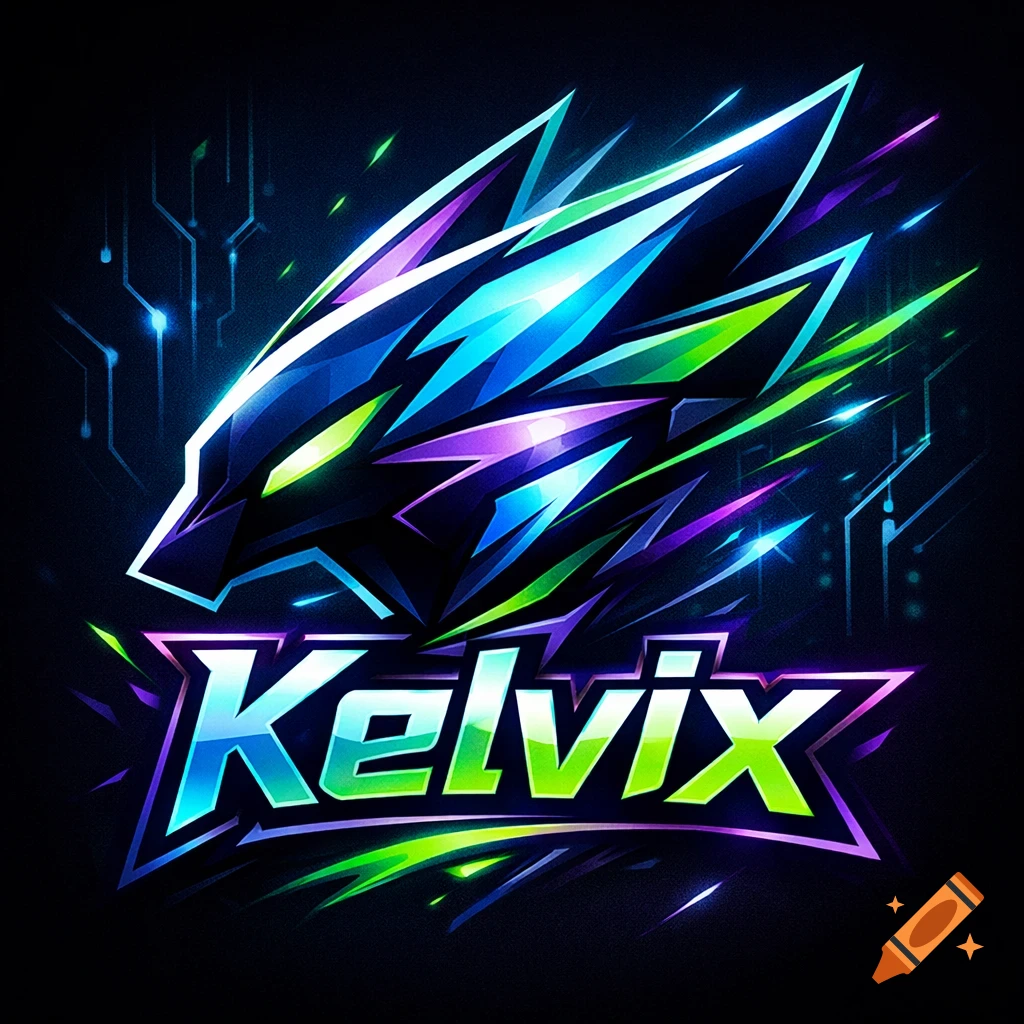 A stylized, geometric wolf head logo in vibrant blue, green, and purple, with the name "Kelvix" below it in a matching neon style.