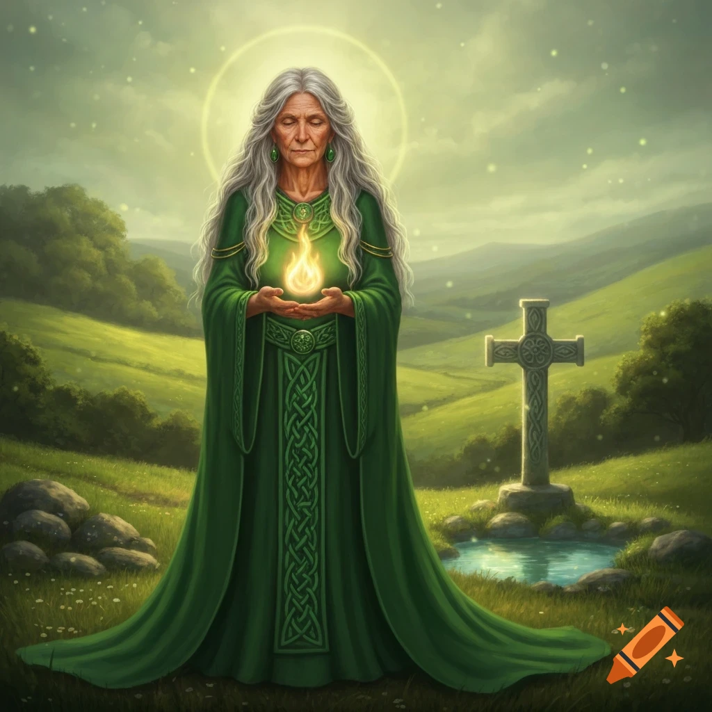 Wise Celtic goddess Brigid with long grey hair, holding a golden flame in a green Irish landscape with a Celtic cross.