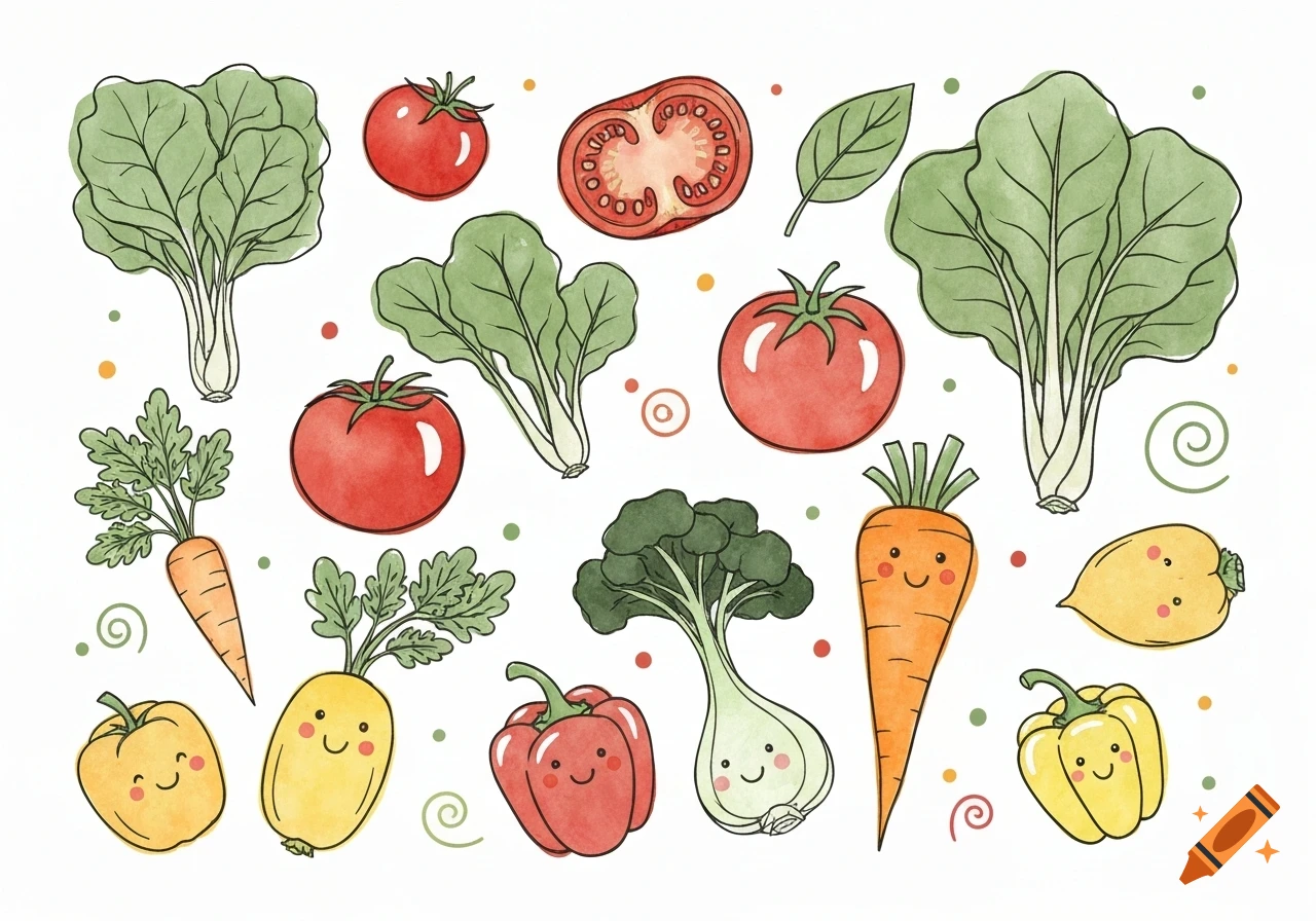 Hand-drawn doodle illustration of various happy-faced vegetables like tomatoes, carrots, lettuce, bell peppers, and bok choy.