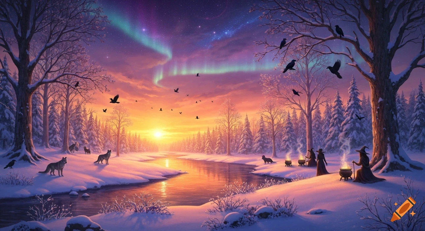 A magical winter landscape at sunset with aurora borealis, featuring witches, wolves, ravens, and a winding river.