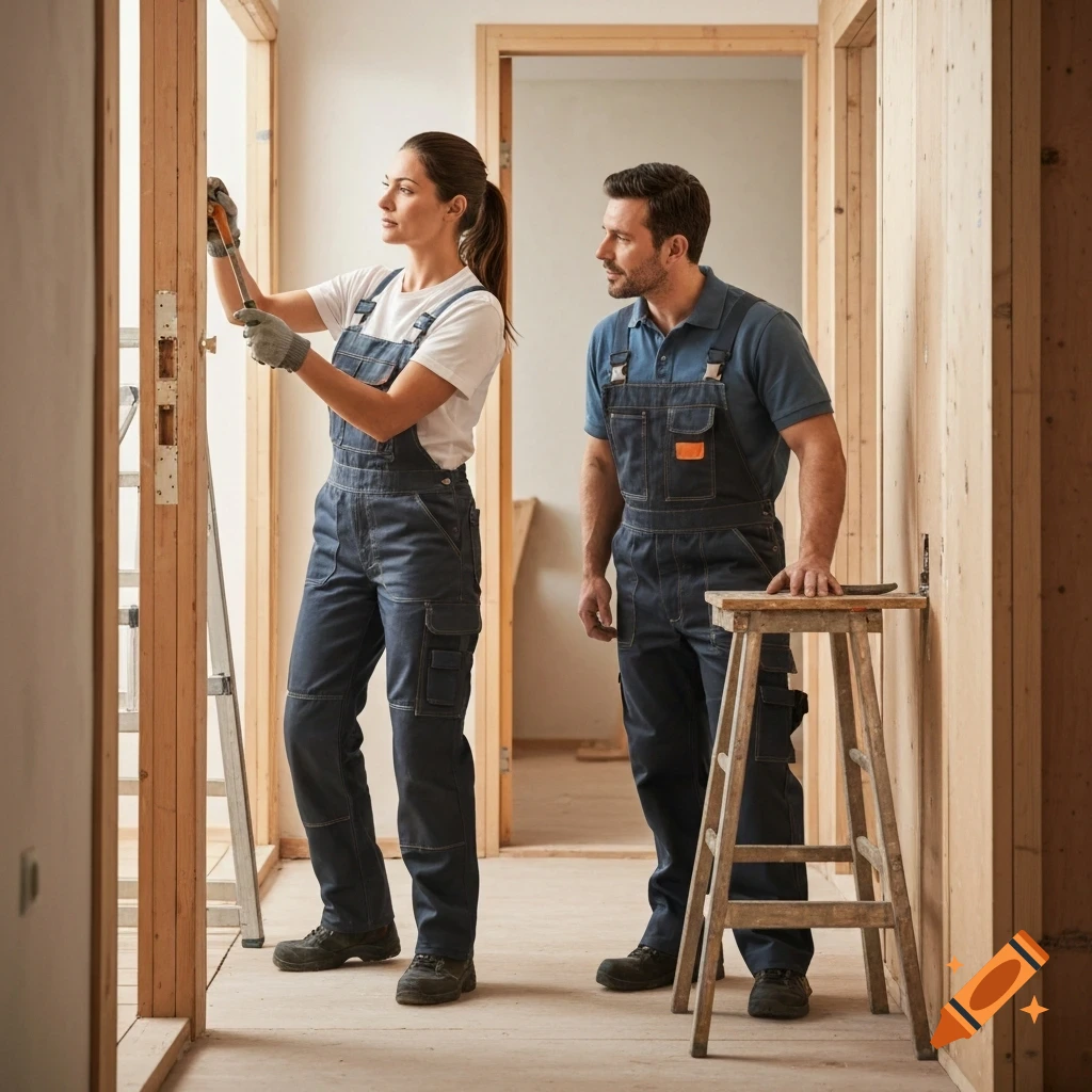 A woman uses a tool to work on a door frame while a man in similar workwear observes in a home renovation setting.
