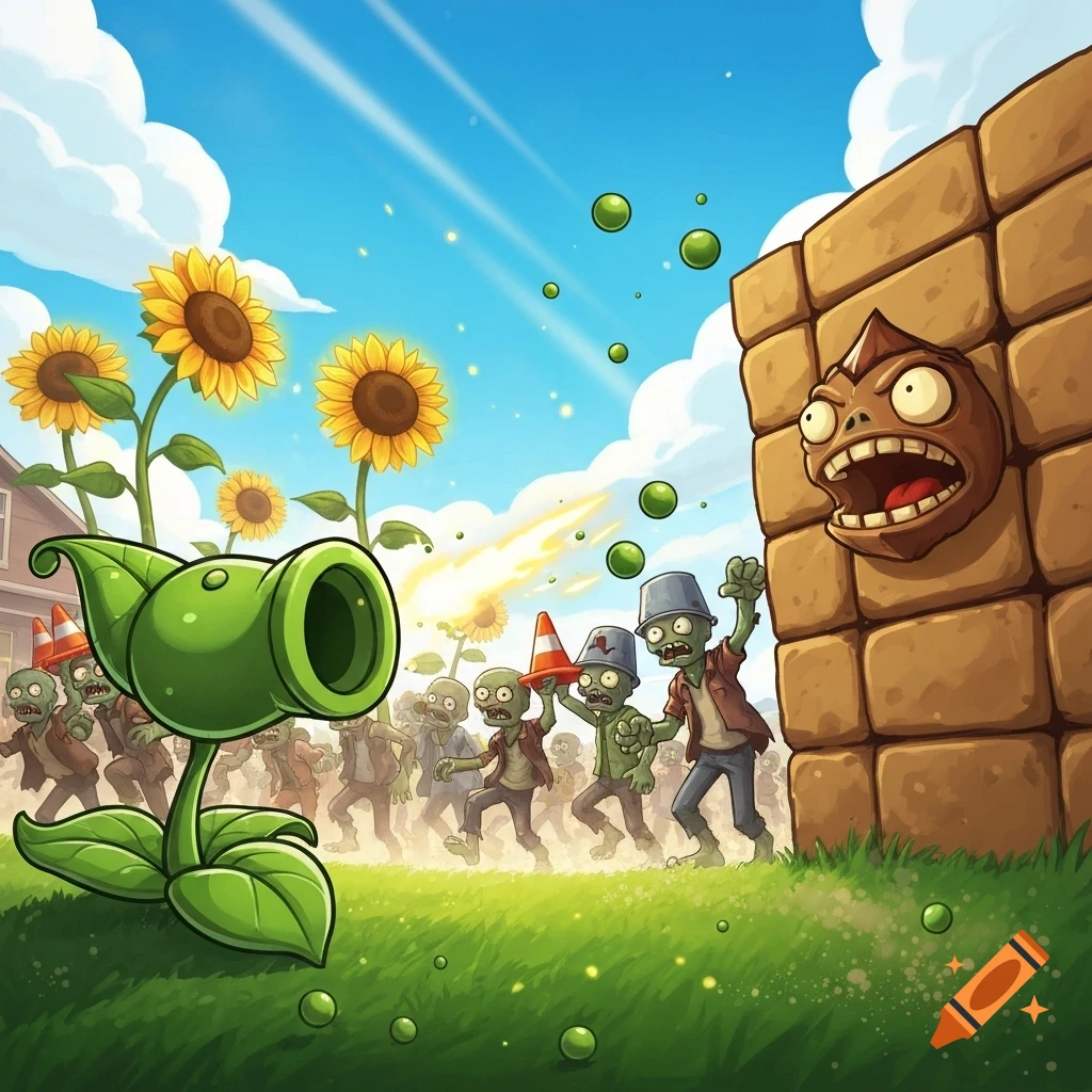 A green Peashooter fires peas at a horde of cartoon zombies, some with cones and buckets, in a bright Plants vs. Zombies-style backyard.