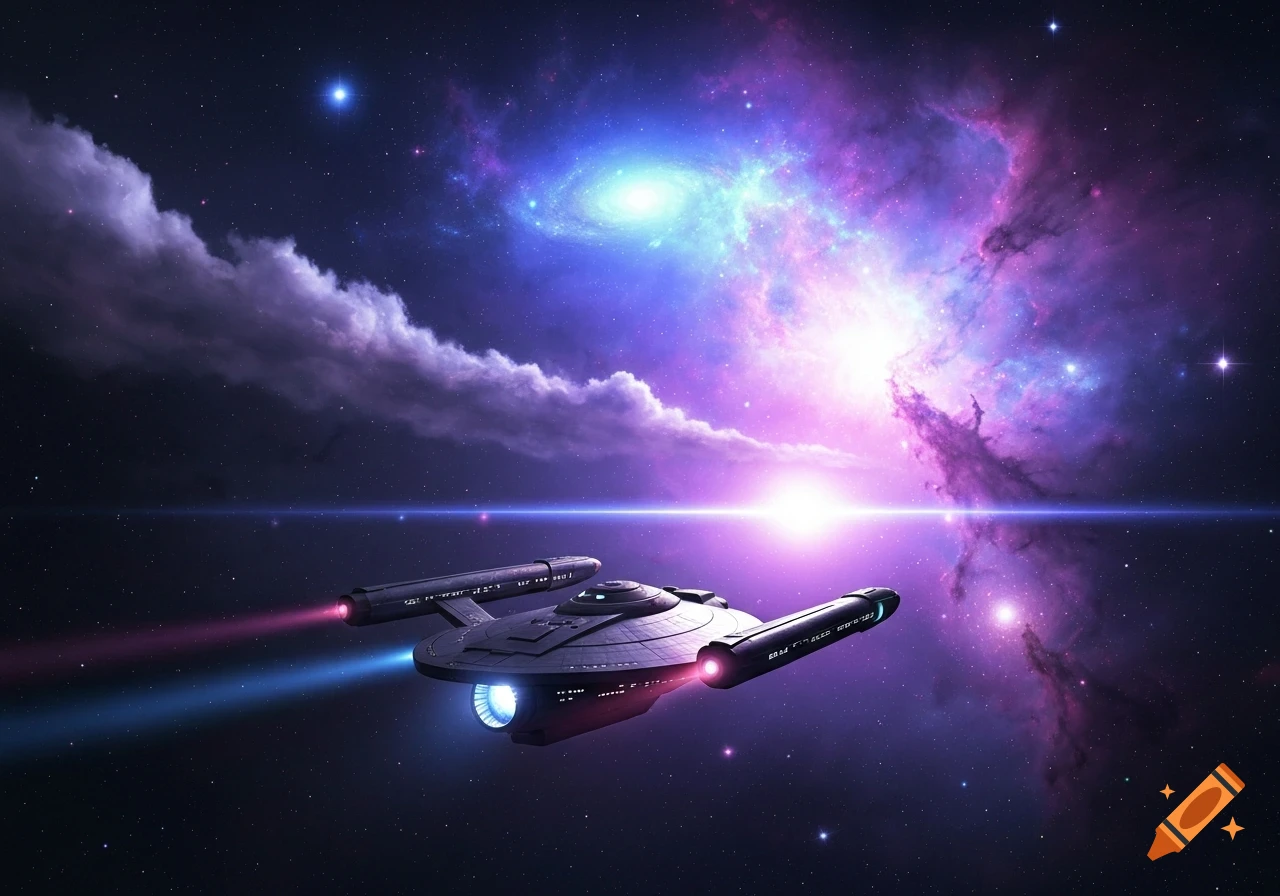 A Star Trek-style spaceship with glowing engines travels through a vibrant purple and blue nebula in deep space, with distant stars visible.