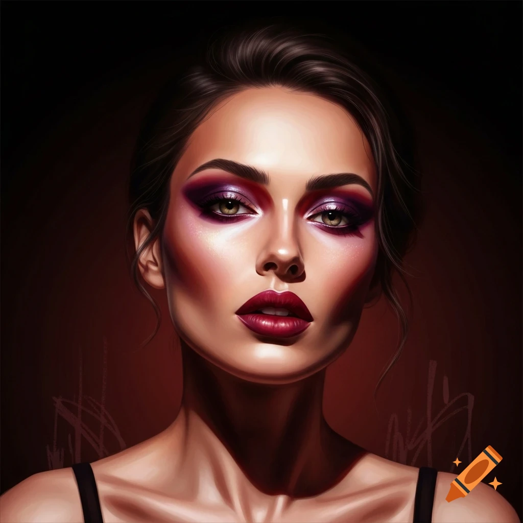 Artistic portrait of a woman with dramatic purple eyeshadow and red lipstick looking intently at the viewer.