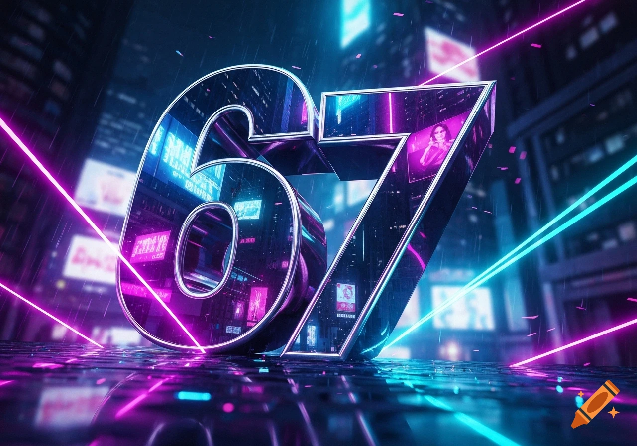 Large, reflective silver numbers '67' standing in a neon-lit cyberpunk city at night with purple and blue light trails and reflections.