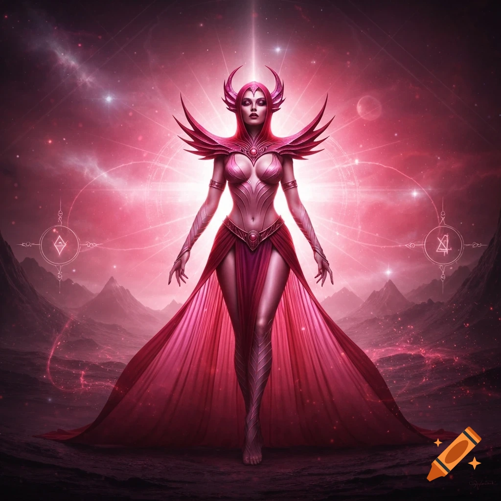 A majestic female fantasy figure in elaborate red and pink armor with a horned headpiece, against a cosmic, starry landscape.