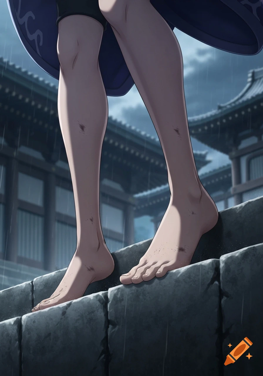 Anime style bare legs and feet stepping on stone stairs in the rain, with traditional buildings in the background.