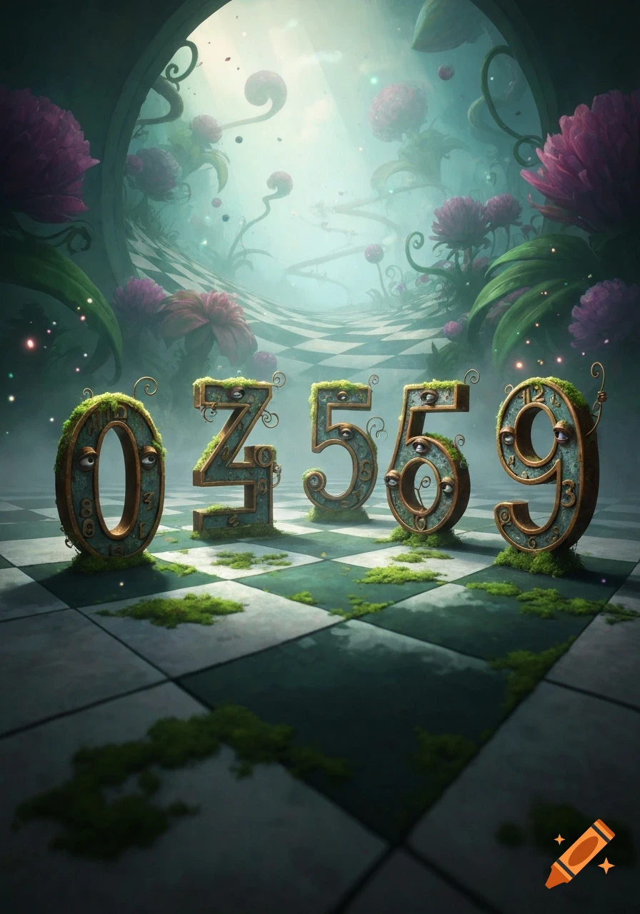 Moss-covered numbers 03559 with small eyes, standing on a checkered floor in a misty, whimsical Wonderland garden with giant flowers.