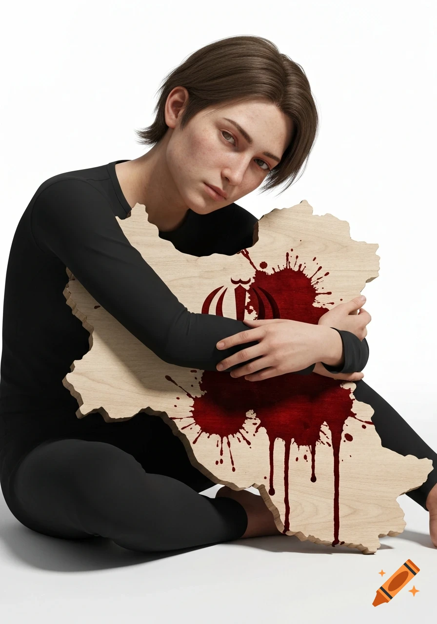 Photorealistic image of a sorrowful young person hugging a bloodstained wooden map of Iran, set against a white background.