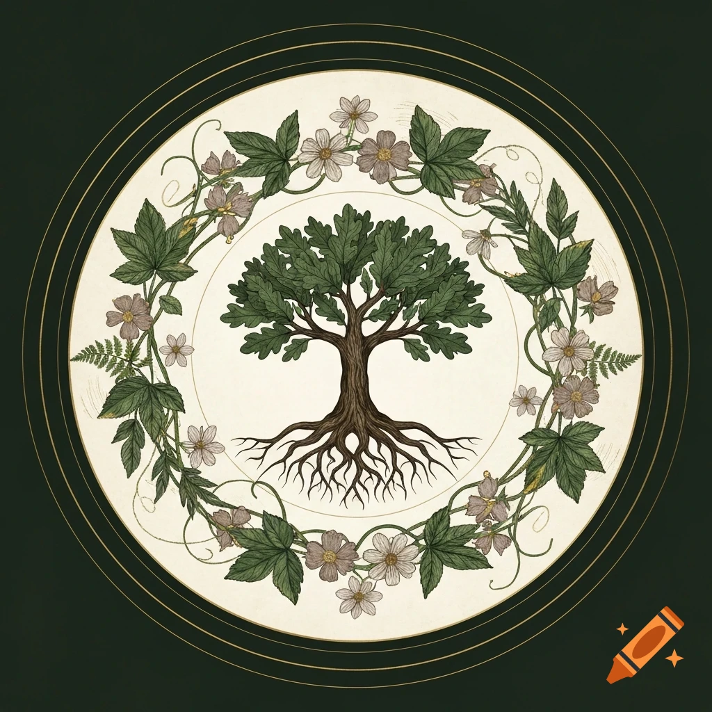 Intricate botanical illustration of a tree of life with sprawling roots, surrounded by a floral wreath, set within a circular emblem on a dark green background.