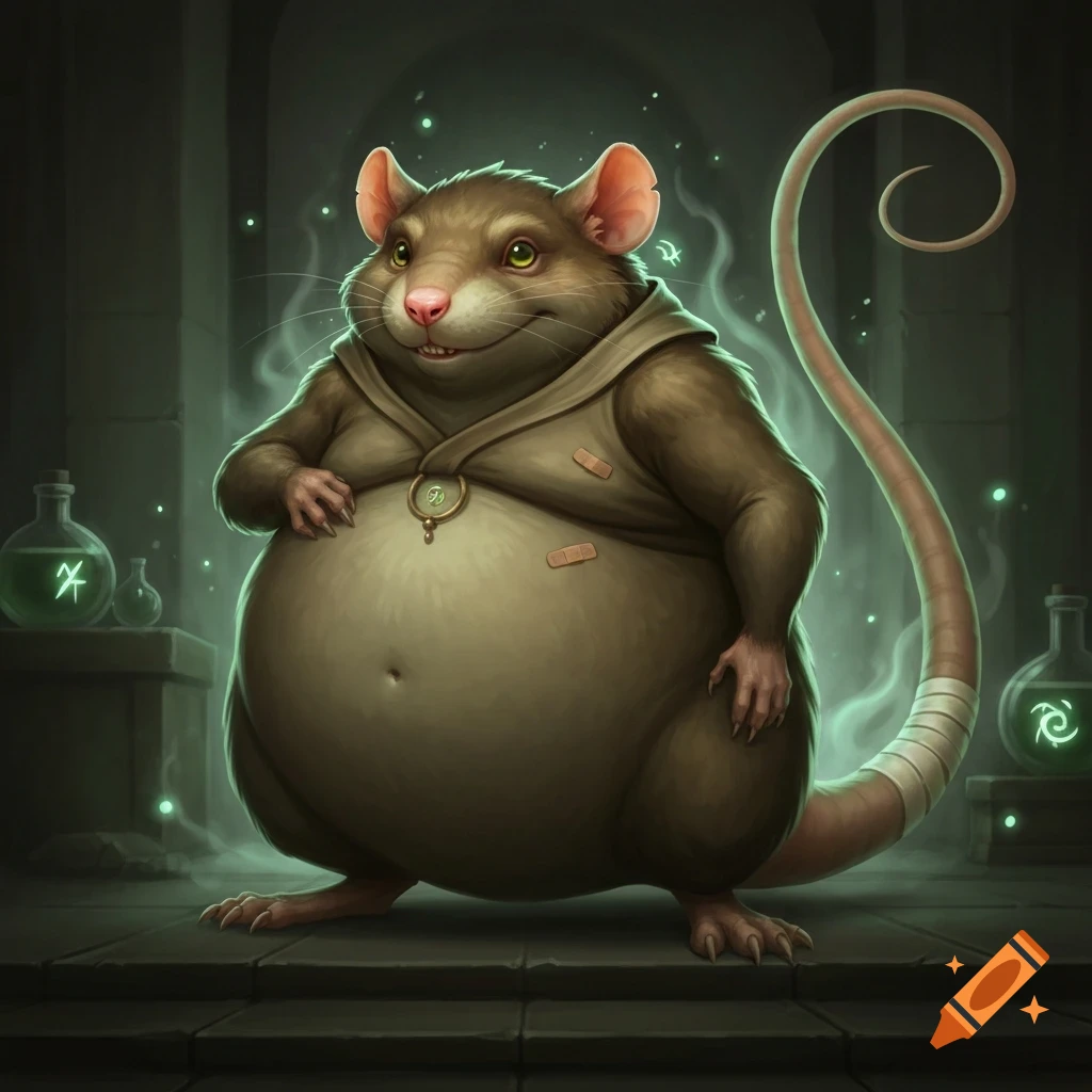 A plump, friendly-looking anthropomorphic rat monk in a hooded robe with bandages on its tail, standing in a dark, magical dungeon.