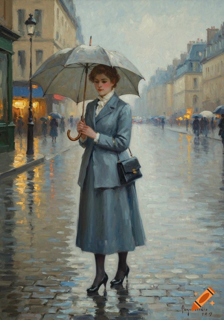 Impressionist painting of a woman in a blue suit and black heels holding an umbrella on a rainy city street.