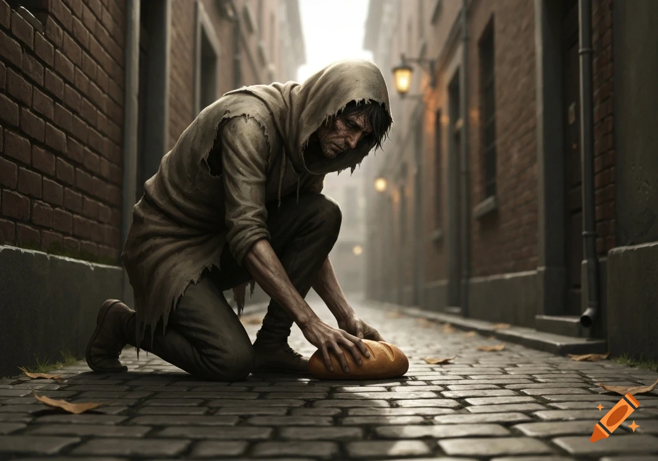 A poor, hooded man kneels on a cobblestone alley floor, reaching for a loaf of bread, in a photorealistic style.
