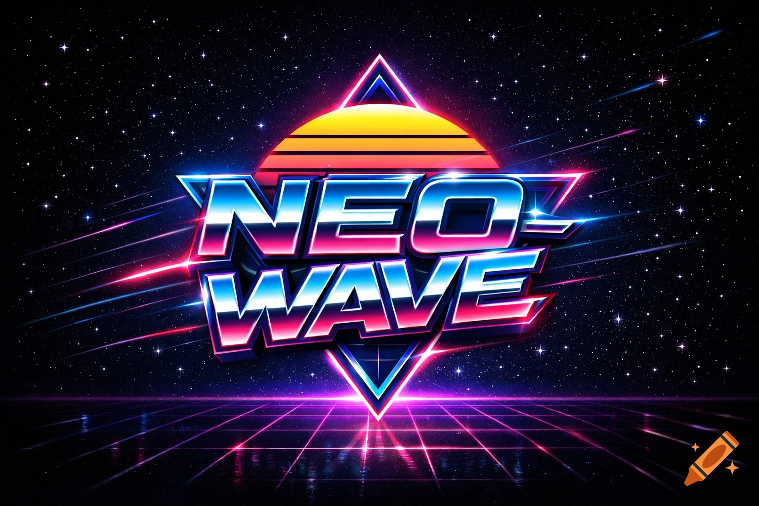 A retro-futuristic 'NEO WAVE' logo with metallic chrome letters in blue and pink gradients, set against a starry sky with a striped half-sun and a reflective grid surface.